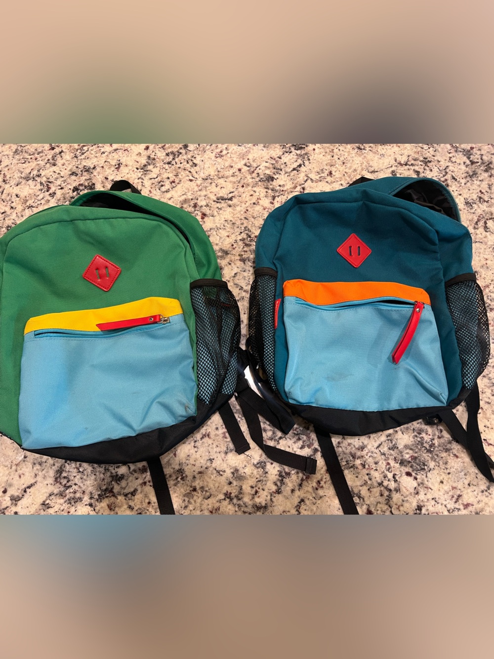 (2) Kids Colorblock Backpack in Green & Teal with Light Blue Pocket